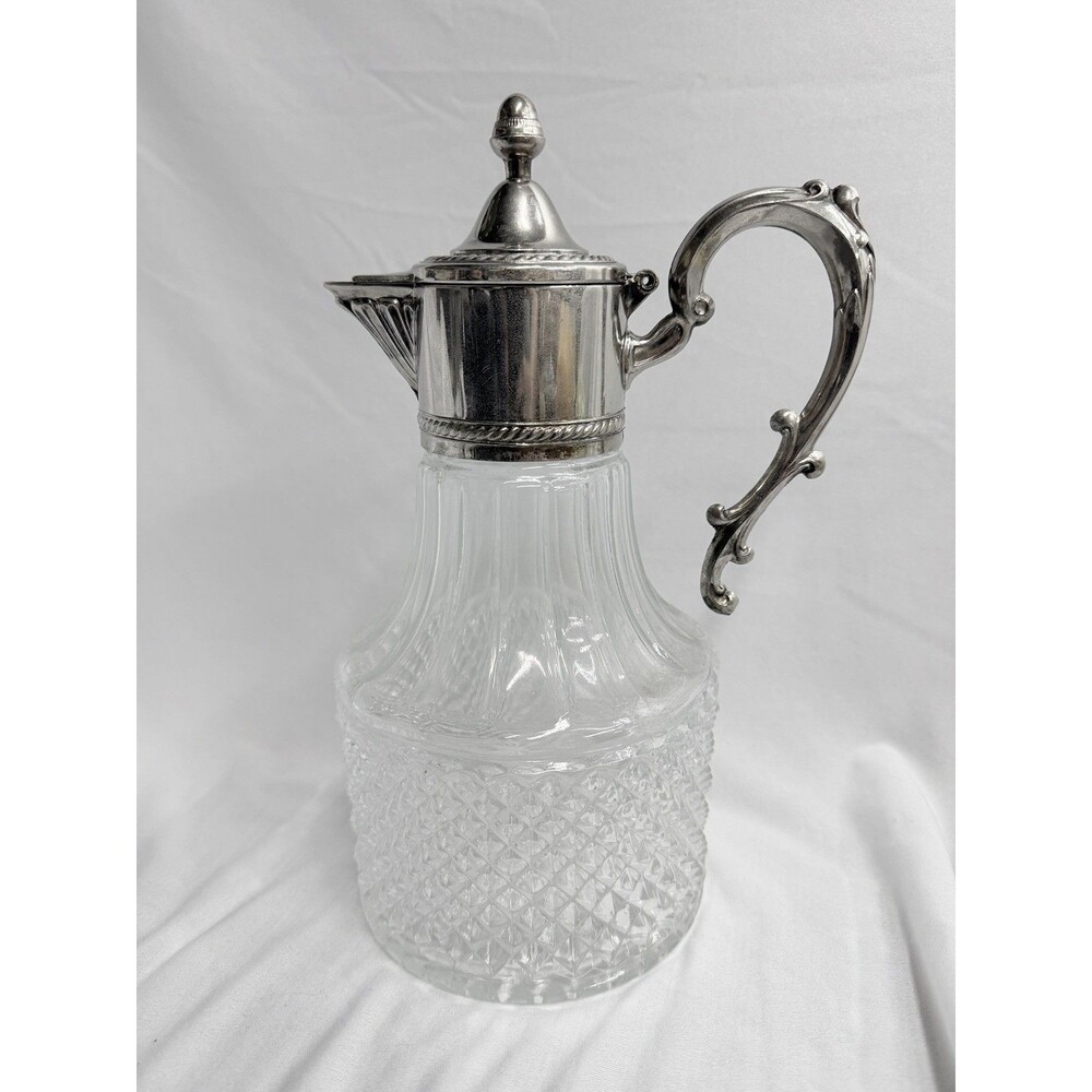 1950's Vintage Wine Decanter Leonard Italian Silverplate Crystal Diamond Pattern